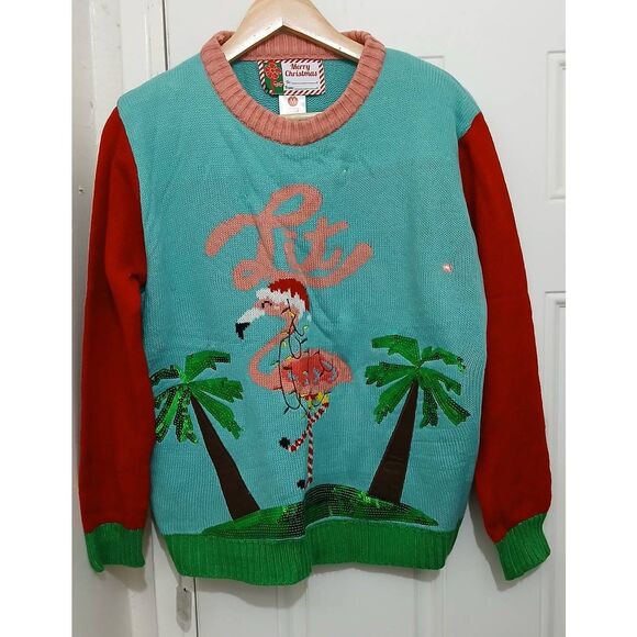 Pink flamingo womens medium red pink flamingo ugly Christmas sweater lights up - Picture 1 of 5
